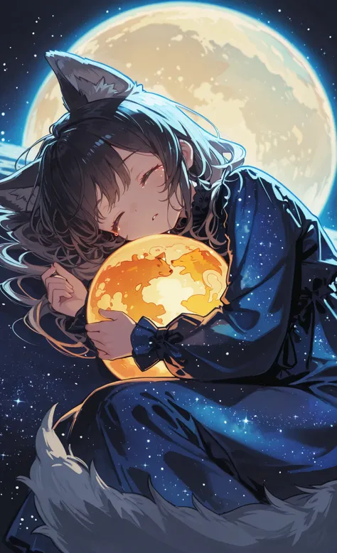 A woman is sleeping while holding a glowing full moon patterned ball attached to her belly, wearing a translucent dress with a galaxy pattern, Curls, eyes closed. . She has the ears and tail of a cute wolf.. , gently floating red tears with a ripple-like e...