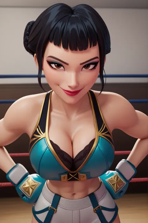 BREAK, score_6_up, score_7_up, score_8_up, score_9, 1girl, solo, kpdh_z0ey, black hair, short hair, hair bun, brown eyes, blunt bangs, lipstick, makeup, official KPop Demon Hunters aesthetic, large breasts, busty, cleavage, curvy, athletic, looking at view...