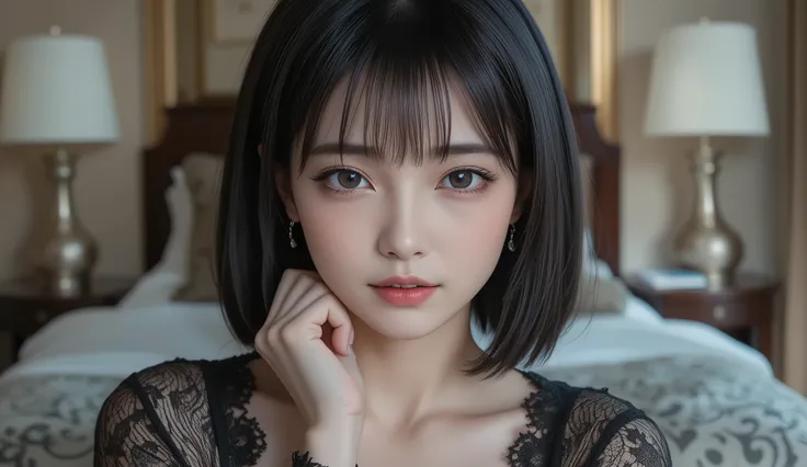 8k, Ultra High Definition ,   top quality , The golden ratio, surreal,Picture,  One Woman,(  girl :1.3), cute, cute face, 美しい eyes in every detail, details, mature woman, princess,Close up,smile,short black hair with waist,証明Picture,Future,Gorgeous and bea...