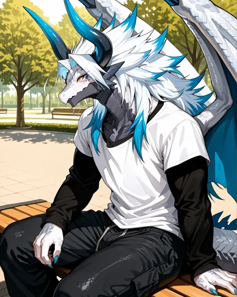best quality,4g1typ3,Batzz,,Dragon, solo, male focus, white body, blue tails, muscular, white hair with blue tips, Maine, long hair, tailed hair, long face, horns, blue nail, Dragon boy, tail, big wings, detailed eyes, yellow eyes, eye shadow, eyeliner, ma...