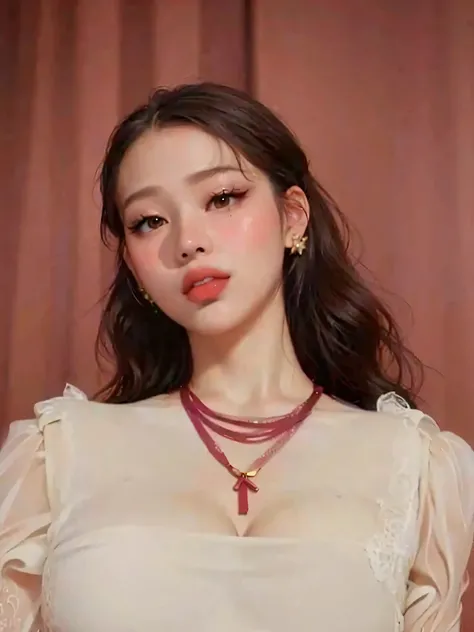 ,almond eyes,   full lips, large and voluptuous breasts . flirtatious look, big breasts, natural breasts, curly hair, dove cameron