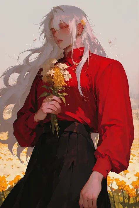 (Only a man) a chubby man, very long white hair flies gently,   Young Beautiful Face , beautiful body,    soft skin ,    soft body    ,large pectoral muscles ,  Toned hips , tender eyes, red shirt , black skirt .flower field background. Hugging a bouquet o...