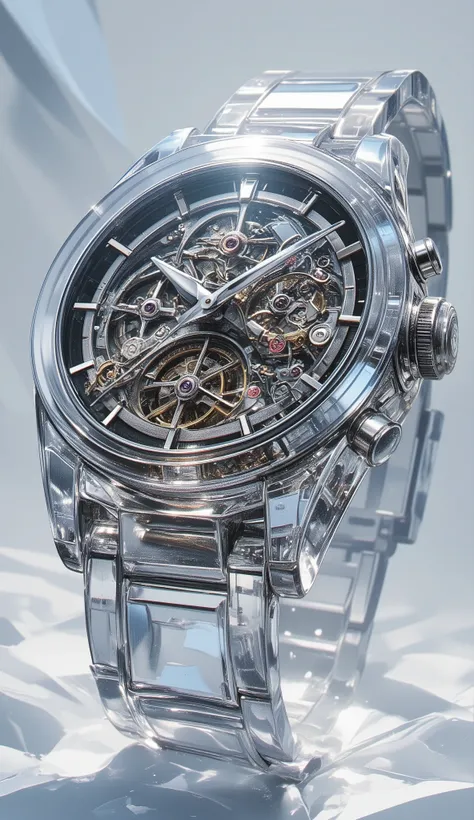 transparent mechanical watch、crystal watch where you can see all the mechanisms and gears inside {x}、accurate dial、Long hands and short hands、with date inside the dial