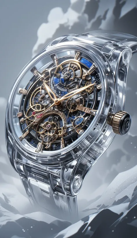 transparent mechanical watch、crystal watch where you can see all the mechanisms and gears inside {x}、accurate dial、Long hands and short hands、with date inside the dial