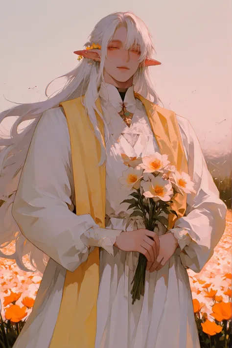 (Only a man) a chubby man, very long white hair flies gently,   Young Beautiful Face , beautiful body,    soft skin ,    soft body    ,large pectoral muscles ,  Toned hips , long elf ears, tender eyes, light smile, light orange long fabric dress, yellow si...