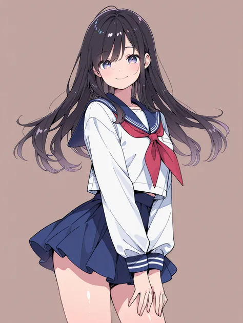 high res image , masterpiece , best quality , clear skin , shiny hair , ultra detailed eyes、high school girl、sailor suit、miniskirt、dark haired、Smile Yan、standing in the teacher's house、simple background