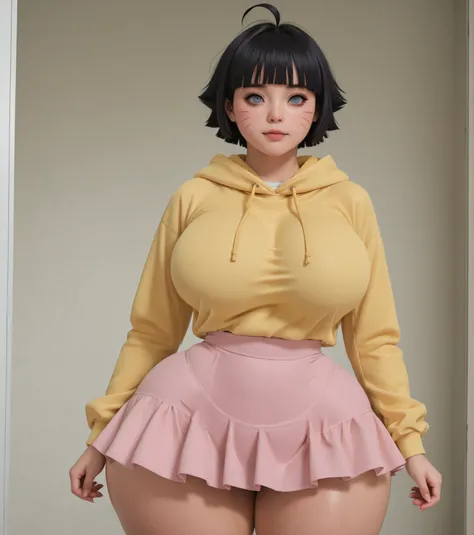 himawari uzumaki solo, short hair, bangs, blue eyes, black hair, blunt bangs, facial mark, whisker markings, ahoge,,skirt, long sleeves, hoodie, hood down, pink skirt, yellow hoodie,,thick thighs, wide hips, big breasts.
