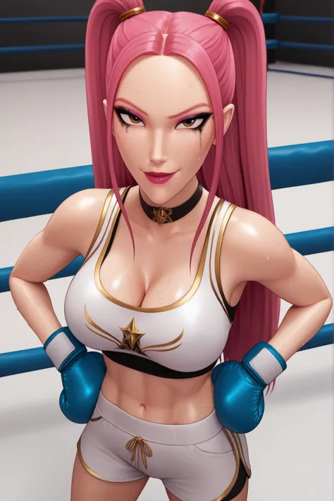 BREAK, score_6_up, score_7_up, score_8_up, score_9, 1girl, solo, kpdh_m1ra, long hair, dark pink hair, brown eyes, twintails, black choker, lipstick, makeup, official KPop Demon Hunters aesthetic, large breasts, busty, cleavage, curvy, athletic, looking at...