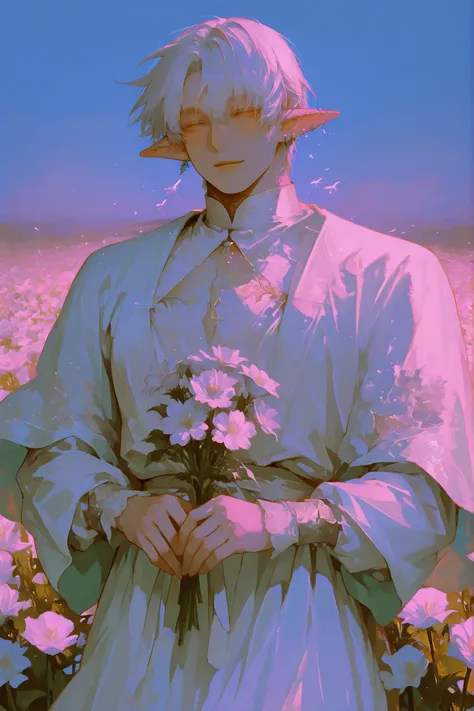 (Only a man) a chubby man, milky white hair flies gently,   Young Beautiful Face , beautiful body,    soft skin ,    soft body    ,large pectoral muscles ,  Toned hips , long elf ears, tender eyes, light smile,flower field background. Holding a bouquet of ...