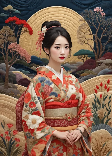 ((最high quality、masterpiece、high sensitivity、High fines、Detailed explanation、Detailed drawing 、Ｆvalue：4.0)),Patchwork Quilt World, handmade style,(( Kimono、Kimono美人、Japanese woman、16 years old、Cowboy Shots)),（up hair、Hairpin、Beautiful girl wearing Japanese...