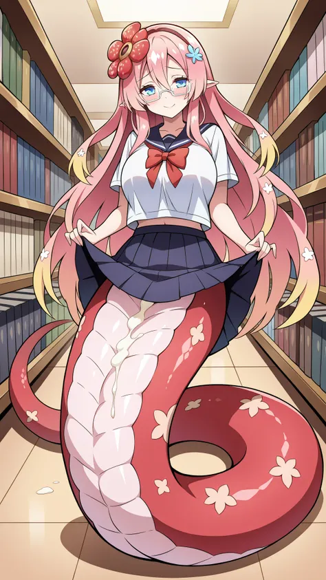 (Fraction_9:0.9),Fraction_8_Up,Fraction_7_Up,grade,(zPDXL3),(   masterpiece),  (Best Quality ),(All five fingers ),A Girl,alone,traptrix_rafflesia,PINK HAIR,Rawang flower hair ornament ,Long hair ,blue eyes, white frame glasses,Japanese school uniform, ski...