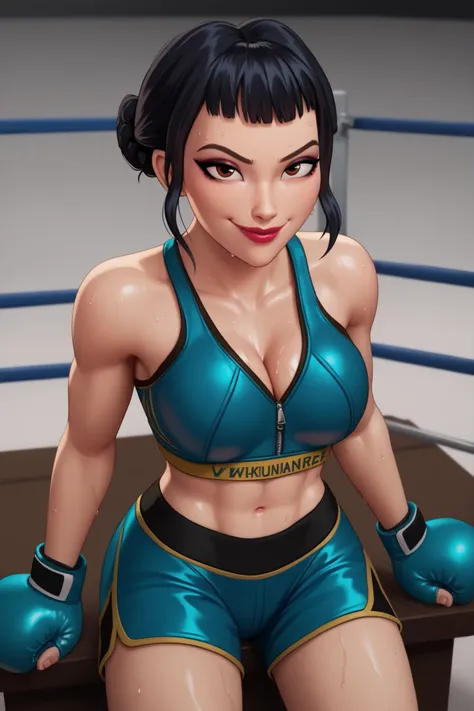 BREAK, score_6_up, score_7_up, score_8_up, score_9, 1girl, solo, kpdh_z0ey, black hair, short hair, hair bun, brown eyes, blunt bangs, lipstick, makeup, official KPop Demon Hunters aesthetic, large breasts, busty, cleavage, curvy, athletic, looking at view...