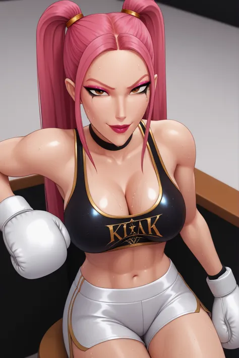 BREAK, score_6_up, score_7_up, score_8_up, score_9, 1girl, solo, kpdh_m1ra, long hair, dark pink hair, brown eyes, twintails, black choker, lipstick, makeup, official KPop Demon Hunters aesthetic, large breasts, busty, cleavage, curvy, athletic, looking at...