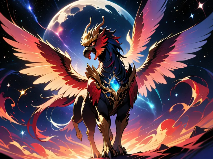 A majestic griffin composed of swirling nebula gases, its wings spanning a vast cosmic expanse as it stands proud on top of the moon. Its feathers are streaks of crimson and azure fire against a backdrop of glittering stardust.