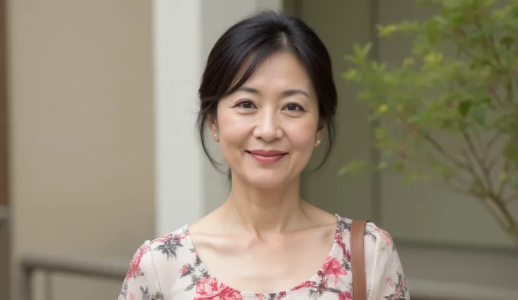 A クローズアップ image of a middle-aged japanese woman wearing a floral print A-line dress with a soft scoop neckline. She has セミロングウェーブのかかった髪, 優しい笑顔,  で、軽く手を肩に置いています .  背景には花柄のほのかな灰色の壁があります . 成熟した女性, セミロングウェーブのかかった髪, 優しく繊細な容貌, 繊細なシワ, 高解像度, 傑作, 最高品質, ハイディテール, 公式:...