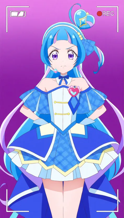 cure wink, kimi to idol precure, blue hair, magical girl, mini crown, purple eyes, blue dress, tilted headwear, very long hair, blunt bangs, bare shoulders, hairband, two-tone hair, purple hair, jewelry, idol clothes, masterpiece, best quality, newest, abs...