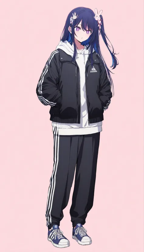 full body 1girl,symbol-shaped pupils,purple eyes,pink eyes,purple hair,streaked hair,blue hair,multicolored hair,bangs,long hair hair ornament,one side up,hair flower,rabbit hair ornament dark colour ,black , adidas_puffer jacket,hooded adidas_puffer jacke...