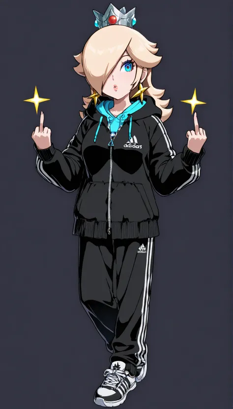 rosalina, 1girl, solo, crown, blue eyes, star earrings dark colour ,black , adidas_puffer jacket,hooded adidas_puffer jacket,zipped up adidas_puffer jacket,black adidas_puffer with jacket dark black adidas trackpants with 3 lines, heavy sneakers double mi...