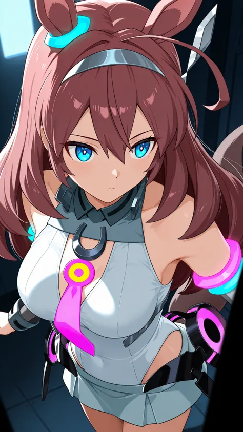 alone, 1 girl, Source Anime, Mihono Bourbon, long hair, dark brown hair, Blue Eye, Have ears, has a tail , medium breasts, Put on a gray sleeveless shirt, wear a gray miniskirt, Wear white shorts, Wear armband, put on jewelry, Background. A rather dark r...