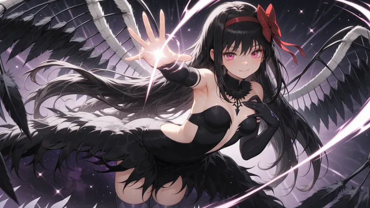masterpeace,source anime,akuma akemi homura,kawaii,Flying skirt,dynamic pose,energy effect,armpit,(Place hand on chest),imaginary space