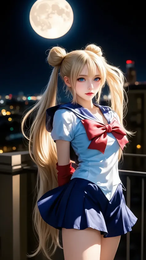 High Quality, masterpiece, expressed in every detail, Sailor Moon, bust up, blond long hair, twin tails, blue eyes, white sailor suit, red ribbon, Moon Tiara , standing on the roof of a building, Nighttime Cityscapes, Pose with your right hand raised up, ...