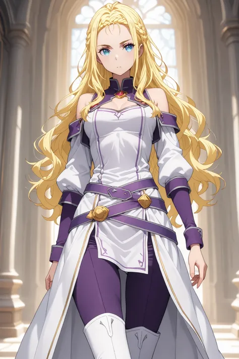 solo, ushio kofune,  masterpiece, ultra detailled, long hair, wavy hair, blond hair, braid, blue eyes, in a castle, white medieval tunic, bare shoulders, white thigh boots, purple tight pants, purple belt, purple cuff, outfit with gold trim, fantasy style,...