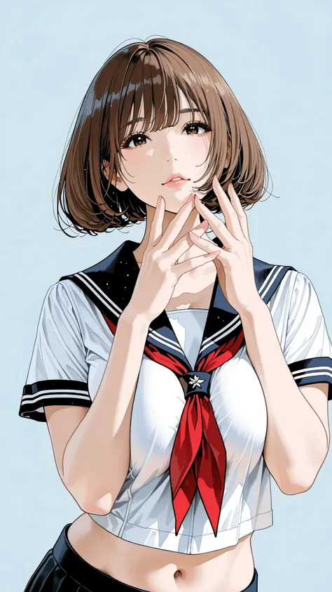 The golden ratio, Proper Configuration, beautiful illustrations, traditional media, transparent-watercolor, watercolor \(Medium\), 1 Girl,bob cut hair, brown hair, brown eyes, big boobs, uniform, uniform, short sleeve sailor suit, red neckerchief, teen, ...