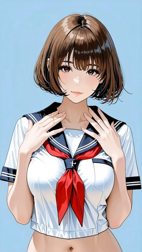 The golden ratio, Proper Configuration, beautiful illustrations, traditional media, transparent-watercolor, watercolor \(Medium\), 1 Girl,bob cut hair, brown hair, brown eyes, big boobs, uniform, uniform, short sleeve sailor suit, red neckerchief, teen, ...