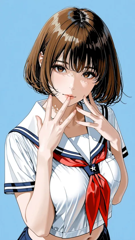 The golden ratio, Proper Configuration, beautiful illustrations, traditional media, transparent-watercolor, watercolor \(Medium\), 1 Girl,bob cut hair, brown hair, brown eyes, big boobs, uniform, uniform, short sleeve sailor suit, red neckerchief, teen, ...