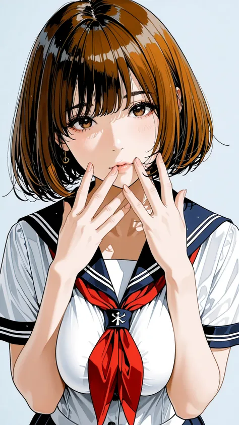The golden ratio, Proper Configuration, beautiful illustrations, traditional media, transparent-watercolor, watercolor \(Medium\), 1 Girl,bob cut hair, brown hair, brown eyes, big boobs, uniform, uniform, short sleeve sailor suit, red neckerchief, teen, ...