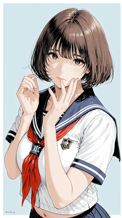 The golden ratio, Proper Configuration, beautiful illustrations, traditional media, transparent-watercolor, watercolor \(Medium\), 1 Girl,bob cut hair, brown hair, brown eyes, big boobs, uniform, uniform, short sleeve sailor suit, red neckerchief, teen, ...