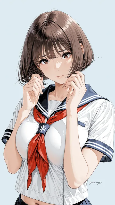 The golden ratio, Proper Configuration, beautiful illustrations, traditional media, transparent-watercolor, watercolor \(Medium\), 1 Girl,bob cut hair, brown hair, brown eyes, big boobs, uniform, uniform, short sleeve sailor suit, red neckerchief, teen, ...
