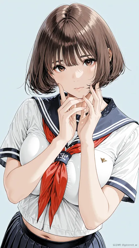 The golden ratio, Proper Configuration, beautiful illustrations, traditional media, transparent-watercolor, watercolor \(Medium\), 1 Girl,bob cut hair, brown hair, brown eyes, big boobs, uniform, uniform, short sleeve sailor suit, red neckerchief, teen, ...