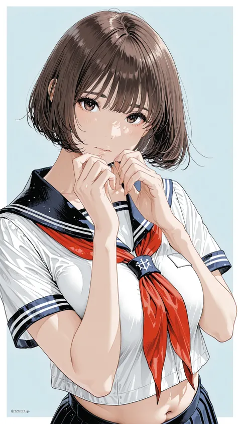 The golden ratio, Proper Configuration, beautiful illustrations, traditional media, transparent-watercolor, watercolor \(Medium\), 1 Girl,bob cut hair, brown hair, brown eyes, big boobs, uniform, uniform, short sleeve sailor suit, red neckerchief, teen, ...