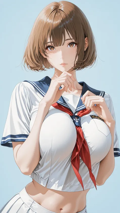 The golden ratio, Proper Configuration, beautiful illustrations, traditional media, transparent-watercolor, watercolor \(Medium\), 1 Girl,bob cut hair, brown hair, brown eyes, big boobs, uniform, uniform, short sleeve sailor suit, red neckerchief, teen, ...