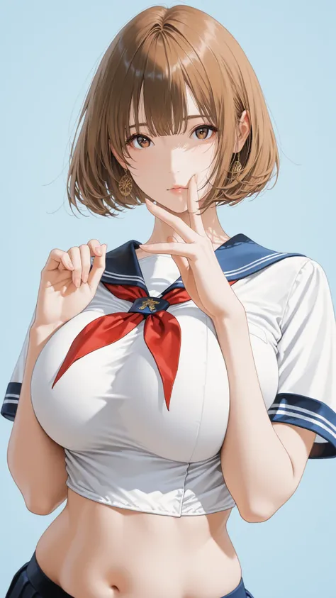 The golden ratio, Proper Configuration, beautiful illustrations, traditional media, transparent-watercolor, watercolor \(Medium\), 1 Girl,bob cut hair, brown hair, brown eyes, big boobs, uniform, uniform, short sleeve sailor suit, red neckerchief, teen, ...
