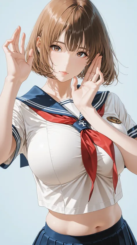 The golden ratio, Proper Configuration, beautiful illustrations, traditional media, transparent-watercolor, watercolor \(Medium\), 1 Girl,bob cut hair, brown hair, brown eyes, big boobs, uniform, uniform, short sleeve sailor suit, red neckerchief, teen, ...