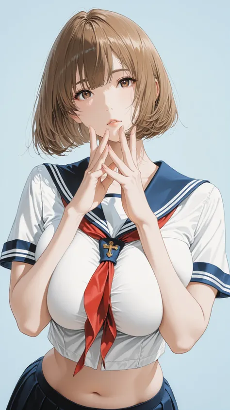 The golden ratio, Proper Configuration, beautiful illustrations, traditional media, transparent-watercolor, watercolor \(Medium\), 1 Girl,bob cut hair, brown hair, brown eyes, big boobs, uniform, uniform, short sleeve sailor suit, red neckerchief, teen, ...