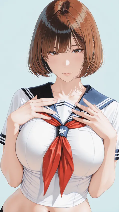 The golden ratio, Proper Configuration, beautiful illustrations, traditional media, transparent-watercolor, watercolor \(Medium\), 1 Girl,bob cut hair, brown hair, brown eyes, big boobs, uniform, uniform, short sleeve sailor suit, red neckerchief, teen, ...