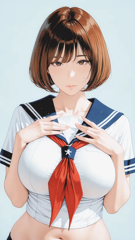 The golden ratio, Proper Configuration, beautiful illustrations, traditional media, transparent-watercolor, watercolor \(Medium\), 1 Girl,bob cut hair, brown hair, brown eyes, big boobs, uniform, uniform, short sleeve sailor suit, red neckerchief, teen, ...