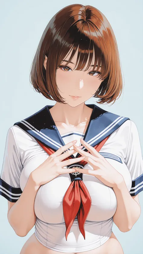 The golden ratio, Proper Configuration, beautiful illustrations, traditional media, transparent-watercolor, watercolor \(Medium\), 1 Girl,bob cut hair, brown hair, brown eyes, big boobs, uniform, uniform, short sleeve sailor suit, red neckerchief, teen, ...