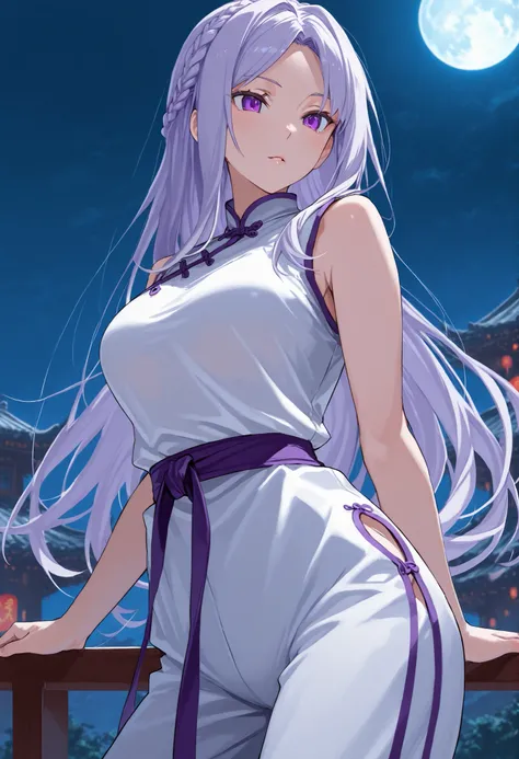 score_9 , score_8_up , score_7_up, solo, 1girl, emilia, adult, seductive, braid, long hair, light purple hair, parted bangs, purple eyes, martial art clothes, chinese clothes, sleeveless, white outfit, purple belt, pants, outdoor, moon