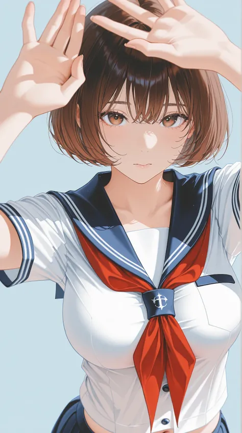 The golden ratio, Proper Configuration, beautiful illustrations, traditional media, transparent-watercolor, watercolor \(Medium\), 1 Girl,bob cut hair, brown hair, brown eyes, big boobs, uniform, uniform, short sleeve sailor suit, red neckerchief, teen, ...