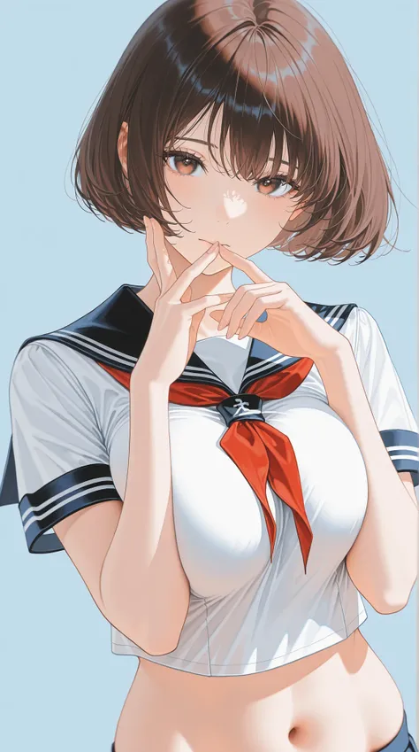 The golden ratio, Proper Configuration, beautiful illustrations, traditional media, transparent-watercolor, watercolor \(Medium\), 1 Girl,bob cut hair, brown hair, brown eyes, big boobs, uniform, uniform, short sleeve sailor suit, red neckerchief, teen, ...