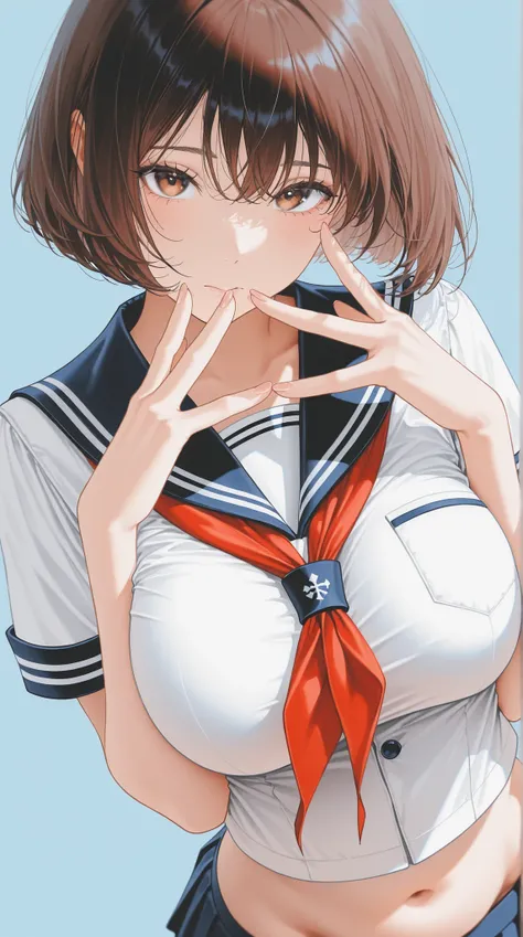 The golden ratio, Proper Configuration, beautiful illustrations, traditional media, transparent-watercolor, watercolor \(Medium\), 1 Girl,bob cut hair, brown hair, brown eyes, big boobs, uniform, uniform, short sleeve sailor suit, red neckerchief, teen, ...