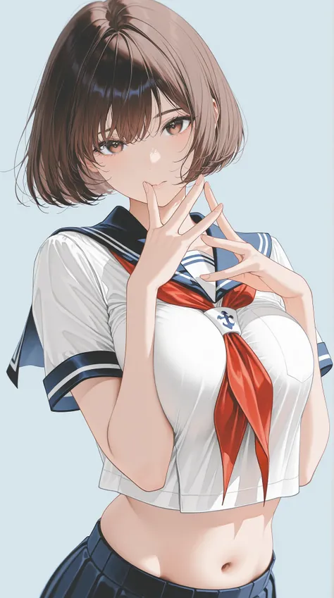 The golden ratio, Proper Configuration, beautiful illustrations, traditional media, transparent-watercolor, watercolor \(Medium\), 1 Girl,bob cut hair, brown hair, brown eyes, big boobs, uniform, uniform, short sleeve sailor suit, red neckerchief, teen, ...