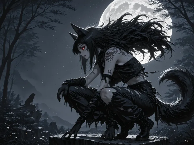 masterpiece, best quality, highly detailed, 8k wallpaper,
1girl, solo, (werewolf girl:1.3), predator of moonlight, wild beast under moon,
beautiful face, human face, wild expression, fierce look, animal pupils, glowing eyes, predatory gaze, long messy ha...