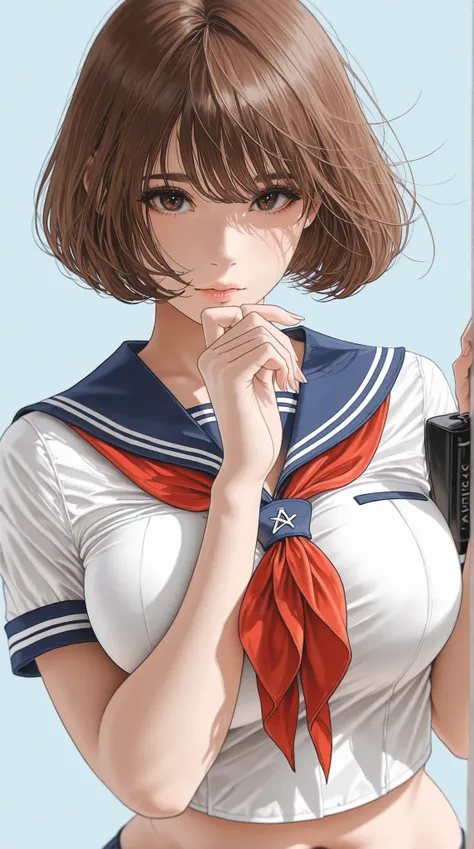 The golden ratio, Proper Configuration, beautiful illustrations, traditional media, transparent-watercolor, watercolor \(Medium\), 1 Girl,bob cut hair, brown hair, brown eyes, big boobs, uniform, uniform, short sleeve sailor suit, red neckerchief, teen, ...