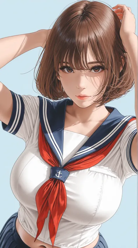 The golden ratio, Proper Configuration, beautiful illustrations, traditional media, transparent-watercolor, watercolor \(Medium\), 1 Girl,bob cut hair, brown hair, brown eyes, big boobs, uniform, uniform, short sleeve sailor suit, red neckerchief, teen, ...