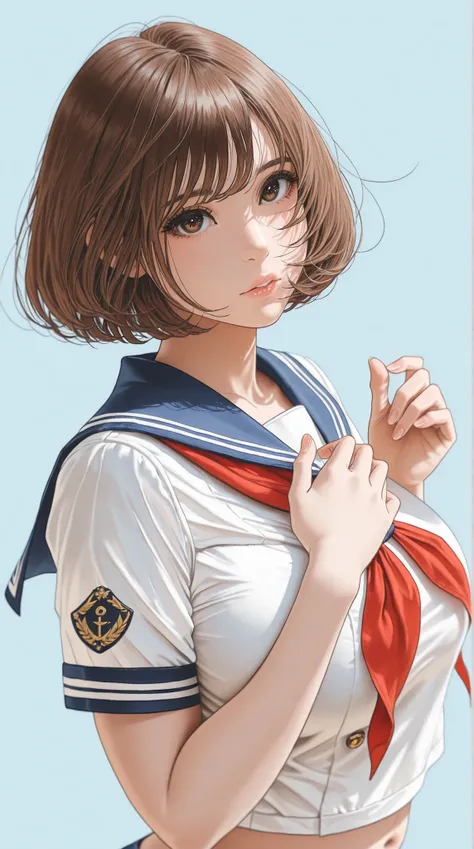 The golden ratio, Proper Configuration, beautiful illustrations, traditional media, transparent-watercolor, watercolor \(Medium\), 1 Girl,bob cut hair, brown hair, brown eyes, big boobs, uniform, uniform, short sleeve sailor suit, red neckerchief, teen, ...